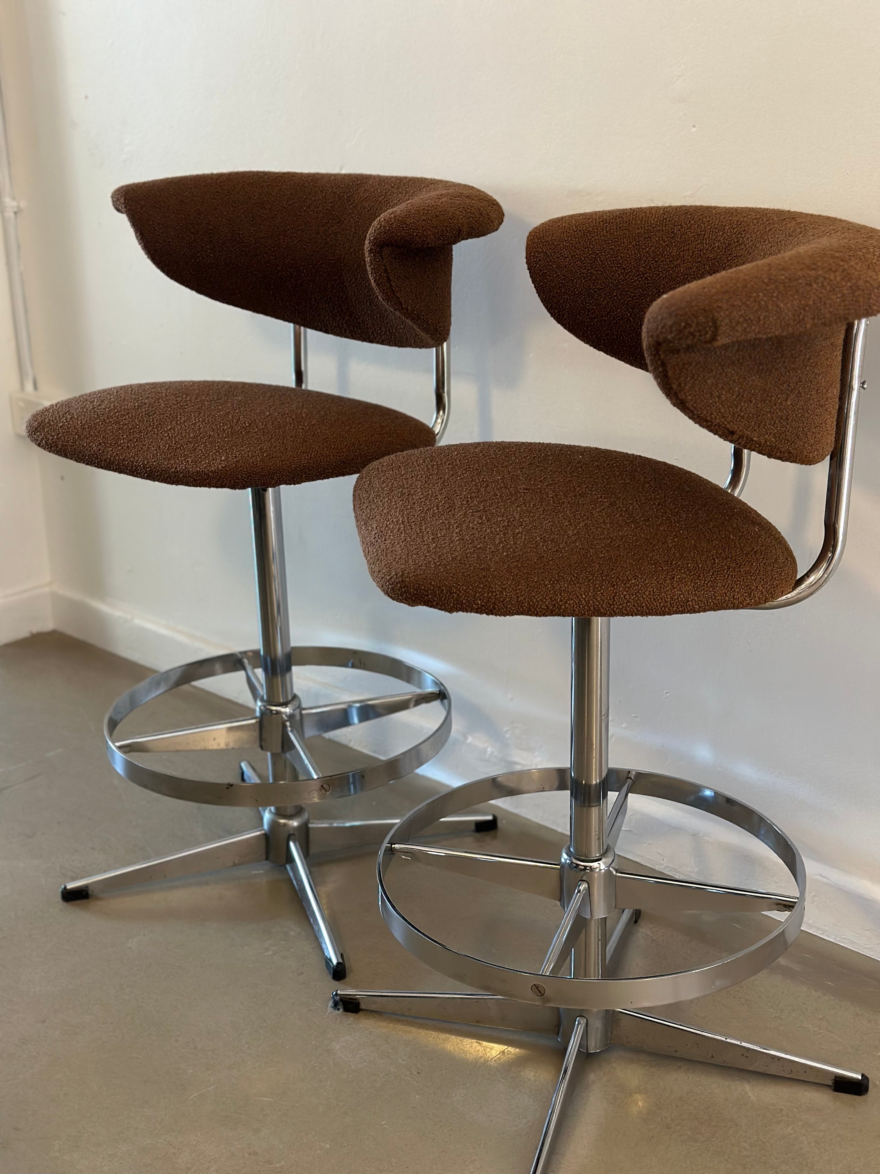 Mid-Century Swivel Stools reupholstered in Italian Umber Boucle