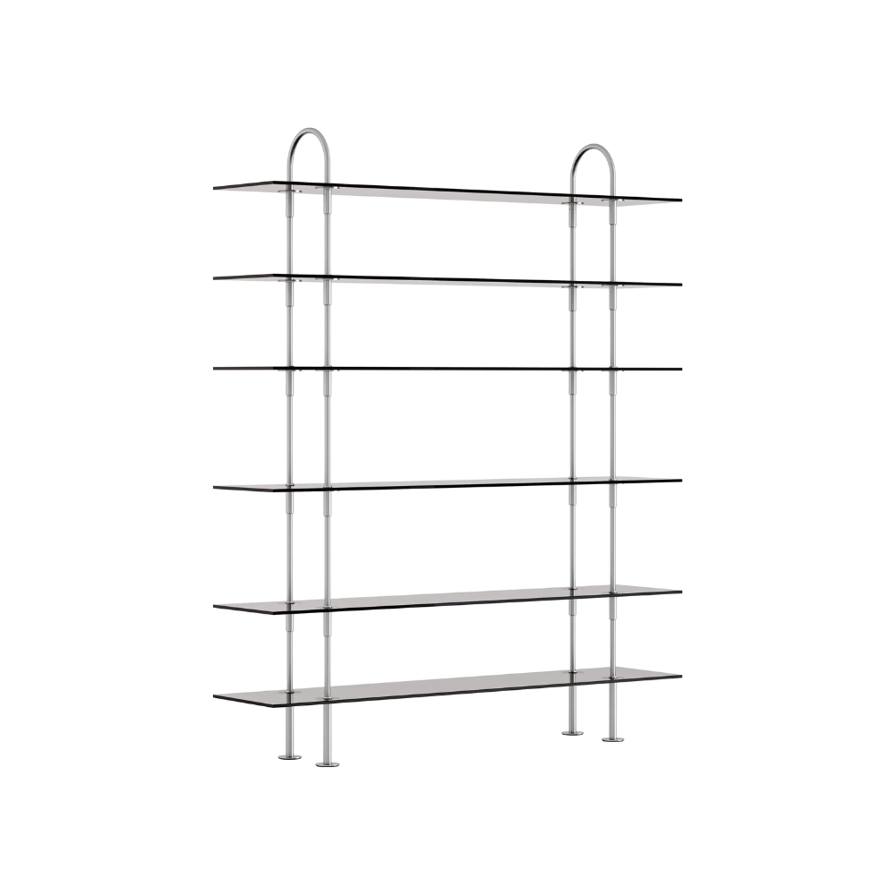 GUBI - Keen Shelving System 160 - 2 Arches 6 Shelves - Satin Stainless Steel / Smokes Shelve
