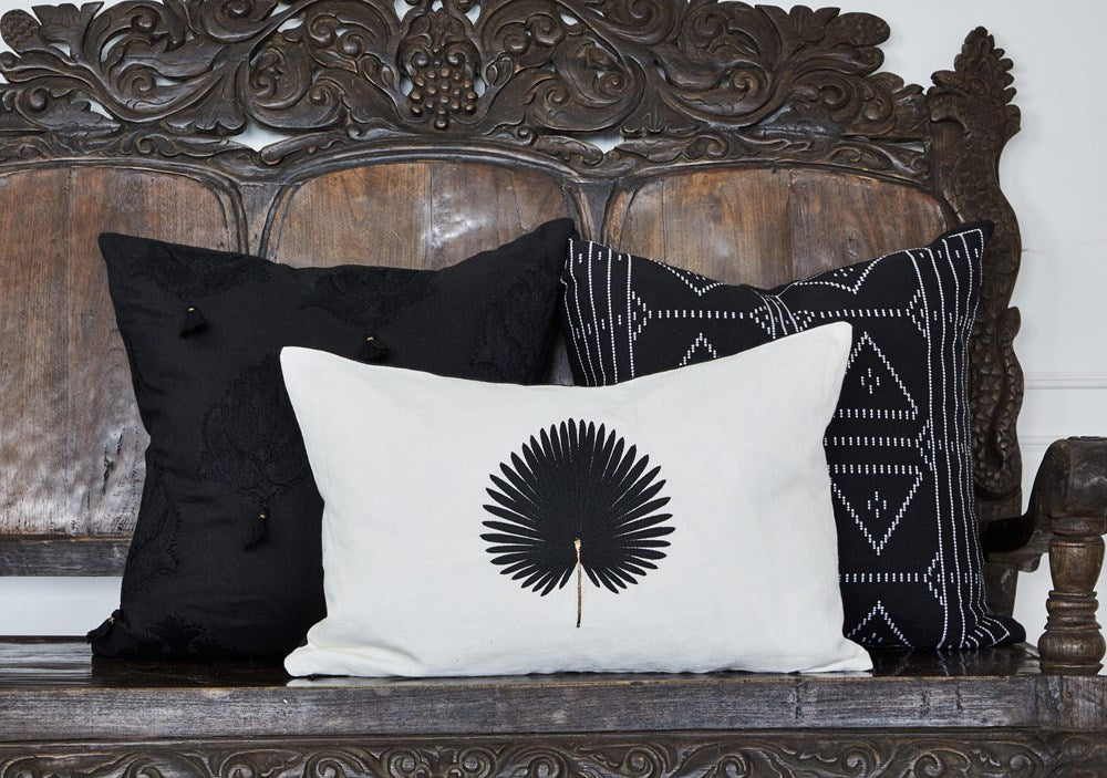 Kava White Linen - Black Palm Cushion