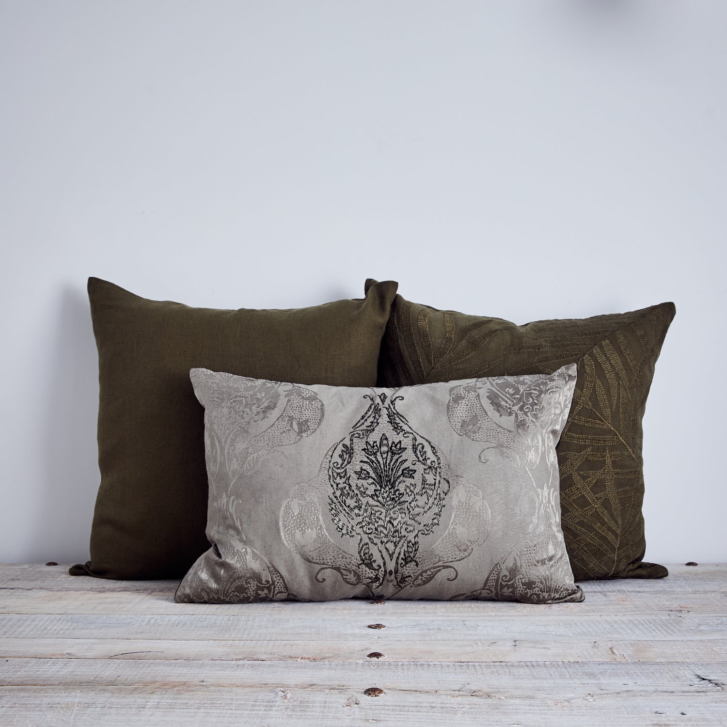 Chati damask embroidered cushion - STONE