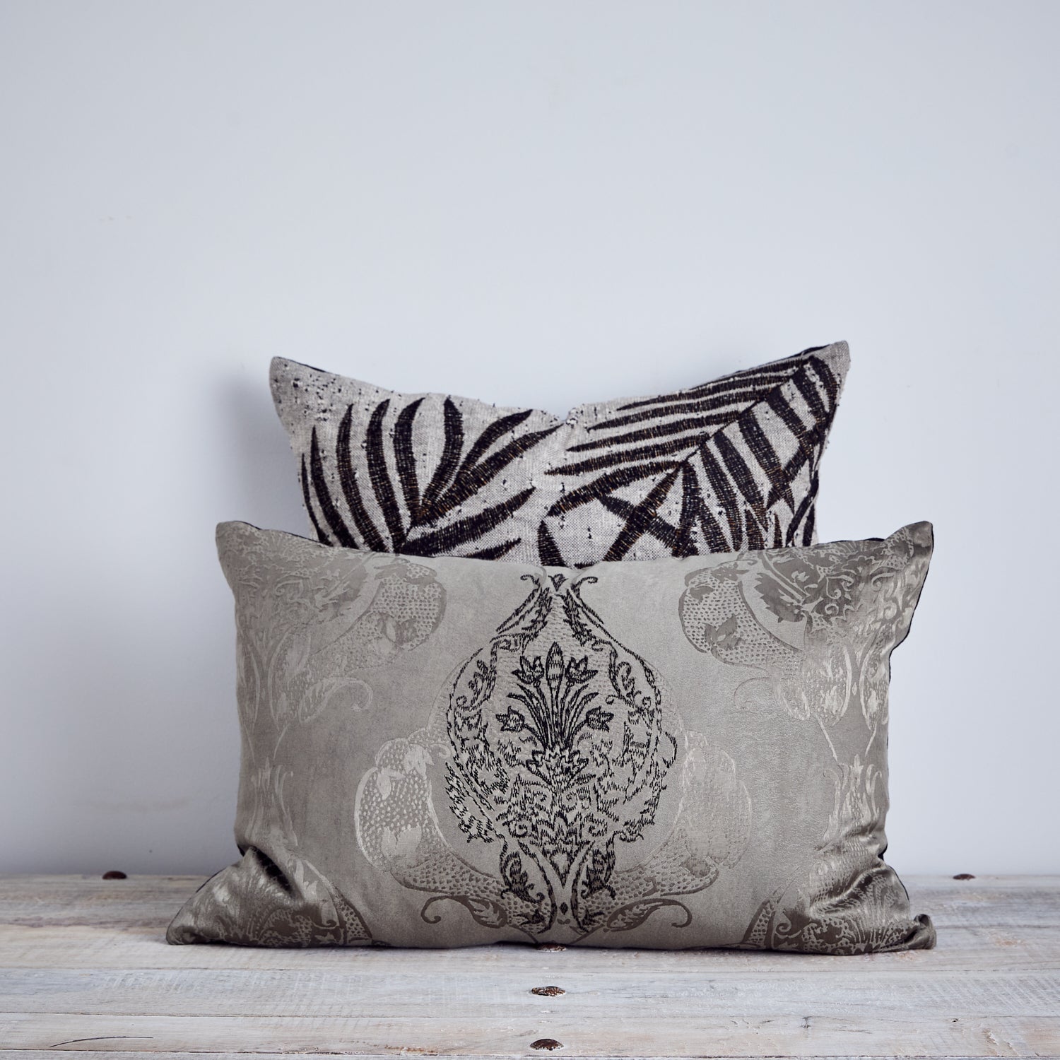 Chati damask embroidered cushion - STONE