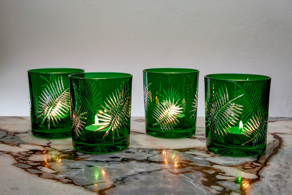 Crystal Palm Hand Crafted Cut 320ml Tumbler/Votive -Emerald