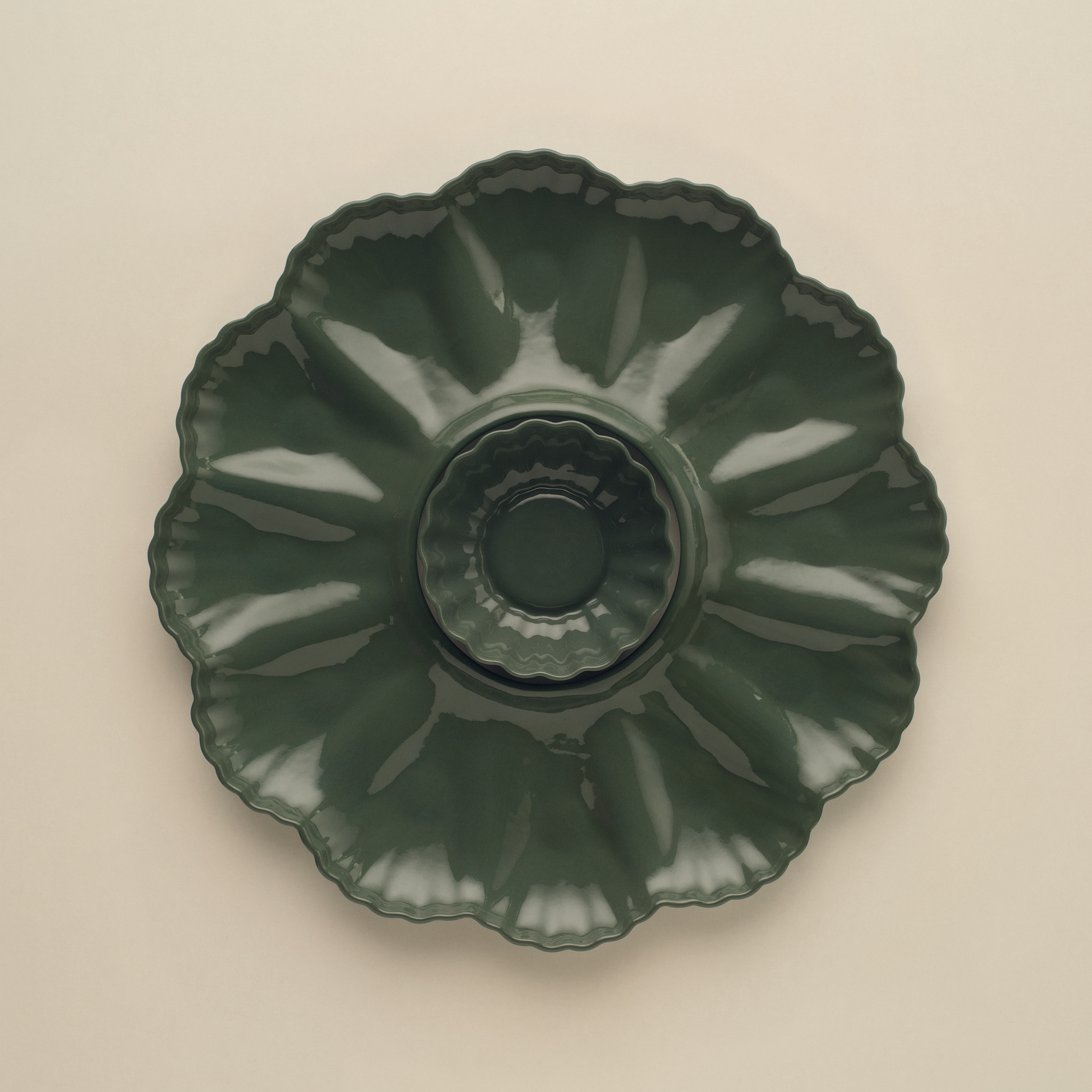 Nattier - Mother of Pearl Oyster Plate Dozen and Bowl in Dark Forest Green Set