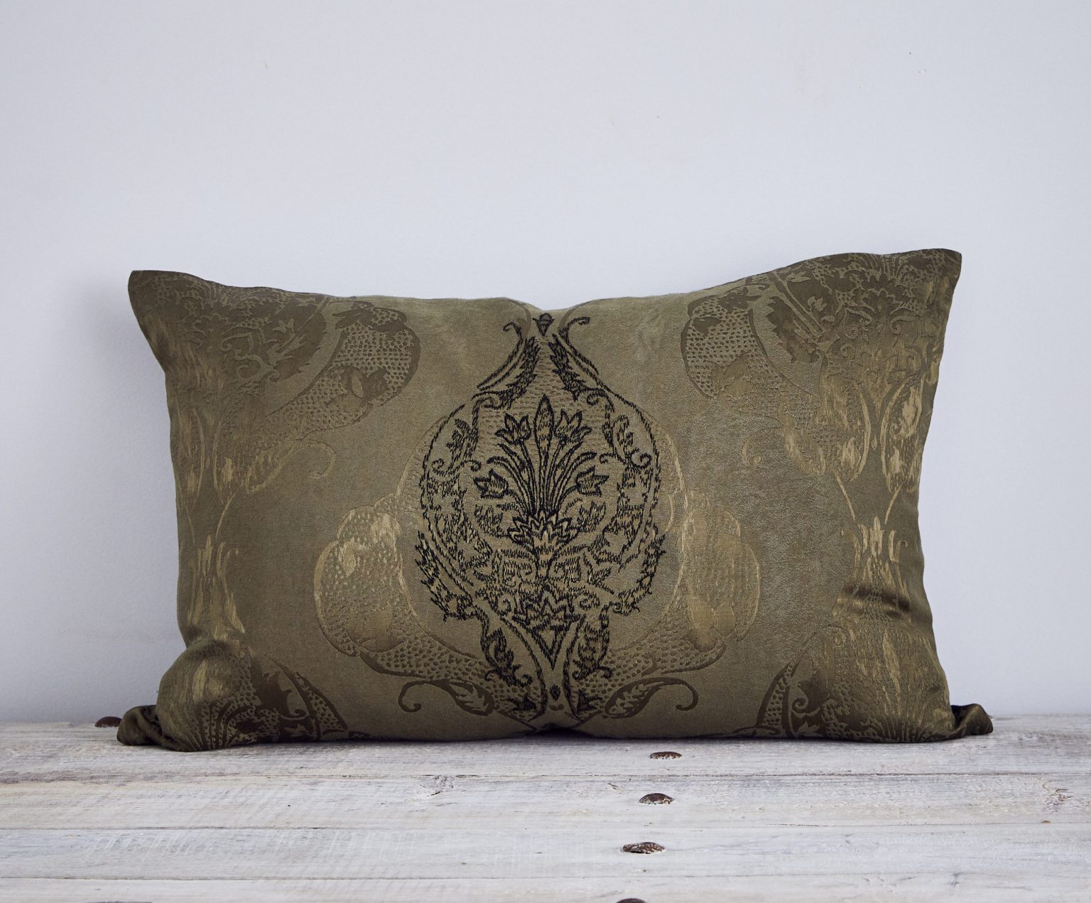 Chati damask embroidered cushion - OLIVE