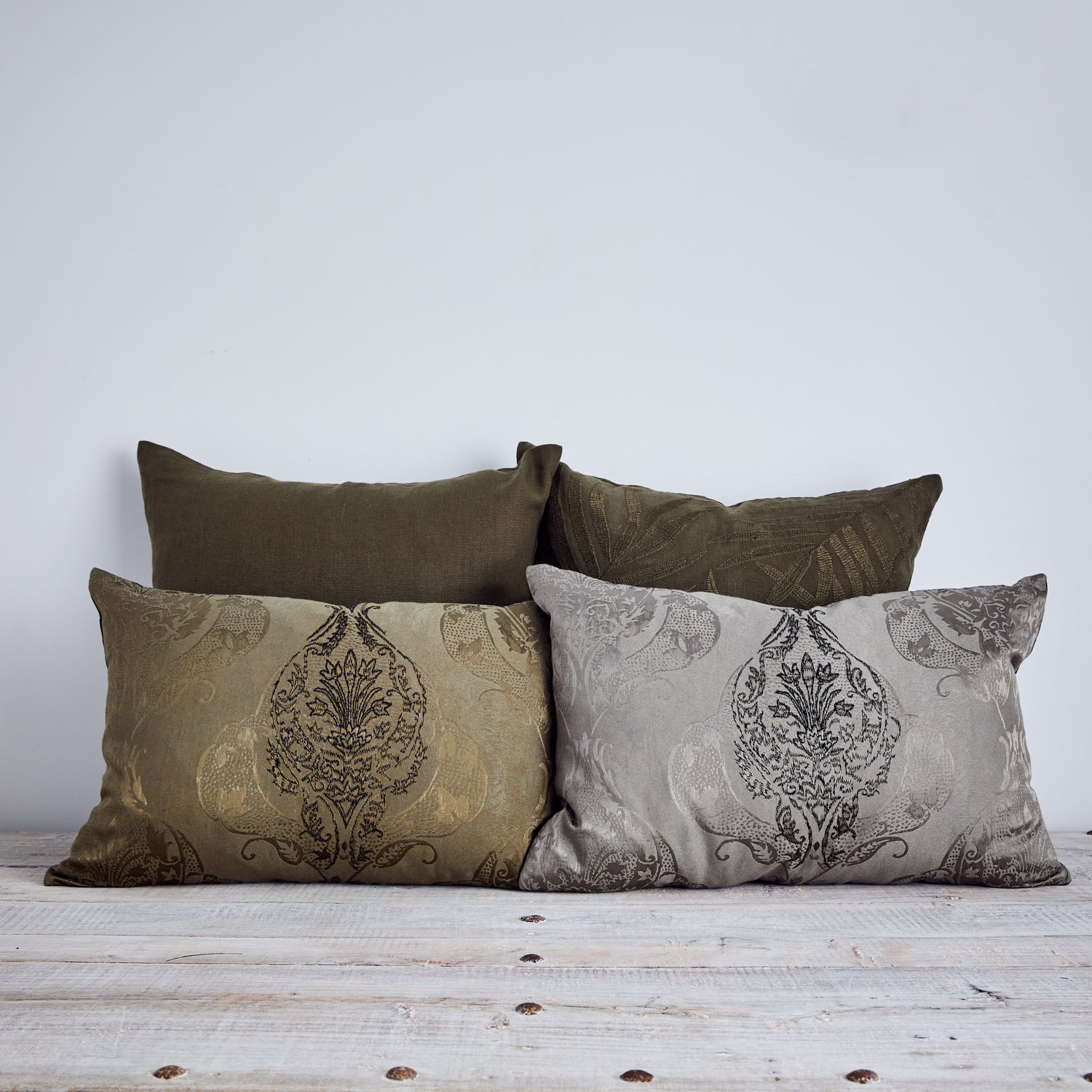 Chati damask embroidered cushion - OLIVE