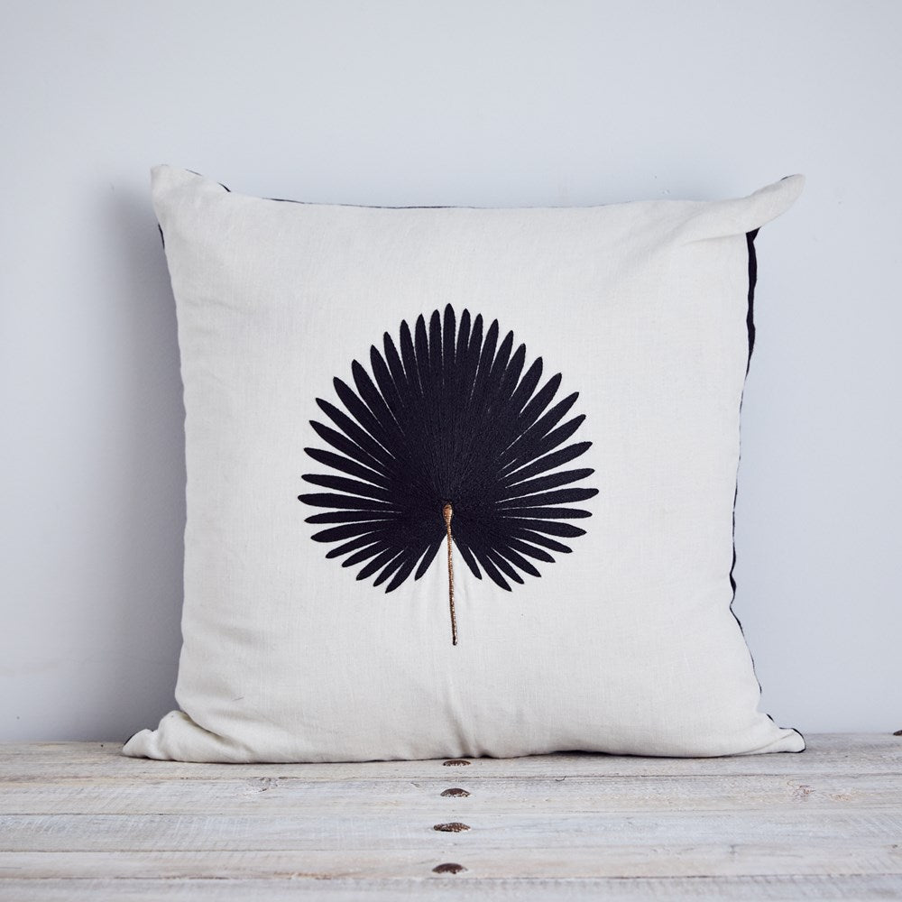 Kava White Linen - Black Palm Cushion